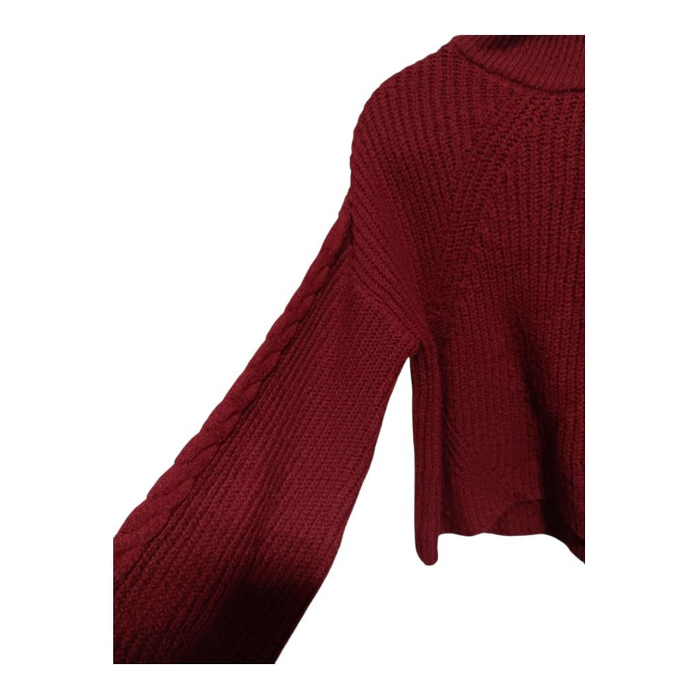 BP Balloon Cable Knit Sleeve Raglan Mock Neck Oversized Sweater in Maroon - Picture 8 of 12